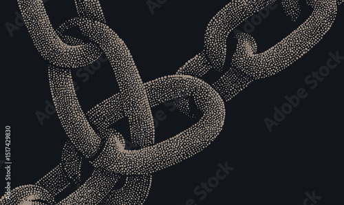 Close-up textured vector illustration of intertwined rusty metal chain links with detailed halftone and stippling dot effect on dark background for industrial concept