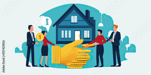 Business people exchanging coins and currency with large hand holding stack of gold coins in front of blue house real estate investment concept flat vector illustration