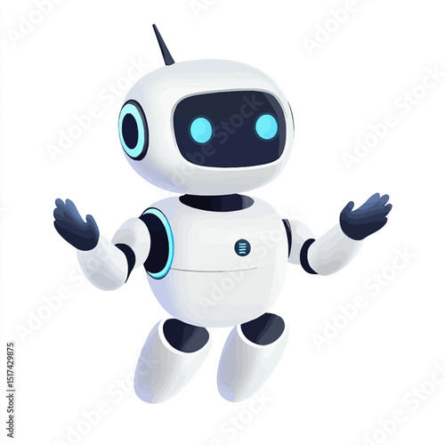 3D futuristic white robot with glowing blue eyes and black touchscreen face floating and gesturing with arms in minimalist style isolated on white background