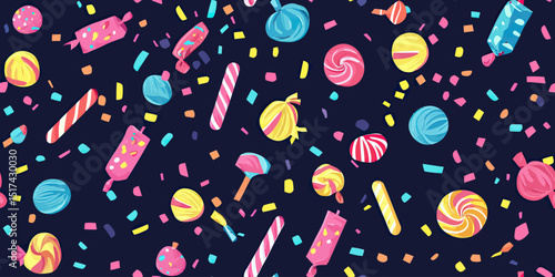 Seamless colorful candy pattern with lollipops, candy canes, wrapped sweets, confetti on dark background vector illustration for party decoration or festive wallpaper design
