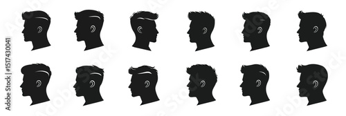 Set of fourteen distinct male head silhouette icons showing various modern men's haircut styles in flat minimalist vector design profile views black on white background