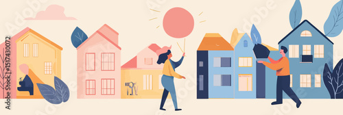 People choosing and examining houses with keys and magnifying glass in abstract neighborhood real estate search concept illustration