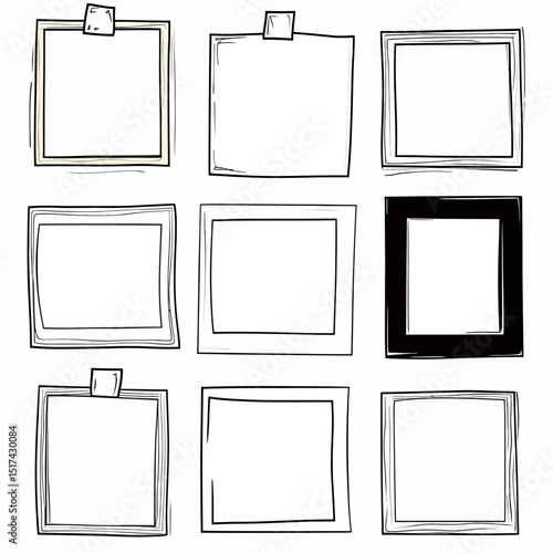 Set hand drawn square paper frames with taped corners doodle sketch style minimalist vector illustration for photo memo sticky note collection design elements white background