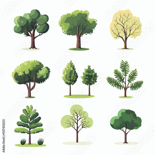 Collection of nine different flat style vector trees with various leaf shapes and colors isolated on white background for landscaping and nature illustration design concepts