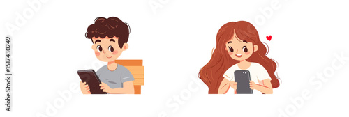 Young boy and girl using smartphones smiling chatting with love heart digital communication technology concept flat vector illustration
