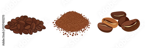 Vector illustration of roasted coffee beans and ground coffee pile with different textures representing grind sizes in flat minimal style isolated on white background