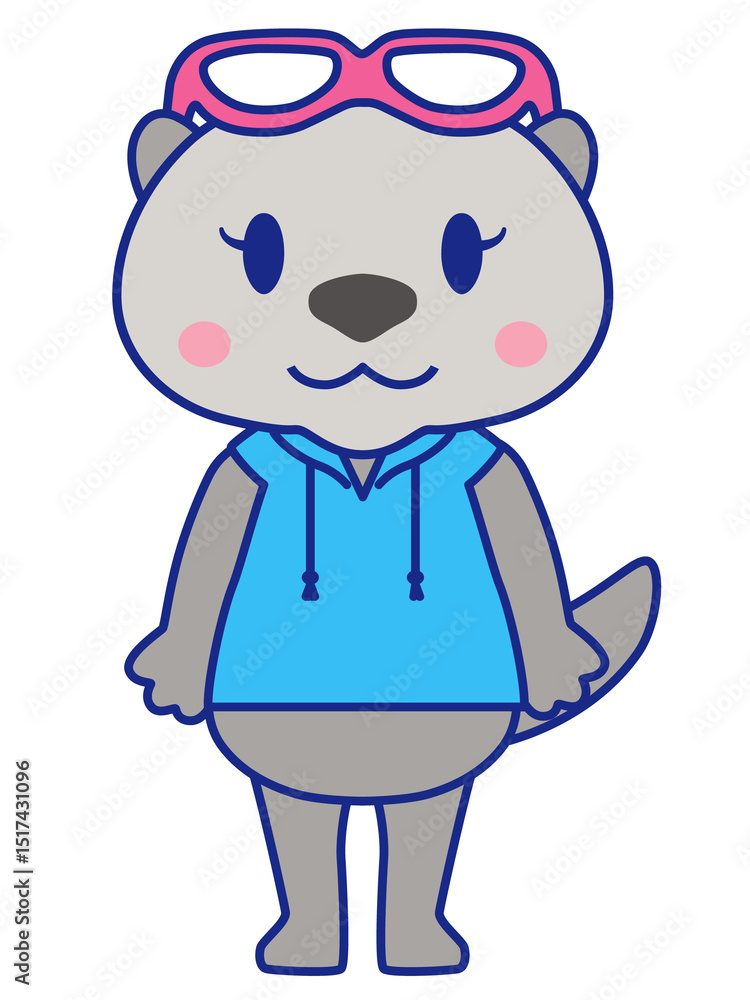 ゴーグルを頭にのせたラッコの2頭身キャラクターのイラスト ゴーグルを頭にのせたラッコの2頭身キャラクターのイラスト