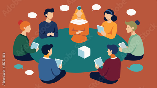 Art History Students sitting in a circle using AR to project famous art pieces around them discussing the techniques and history behind each artwork.