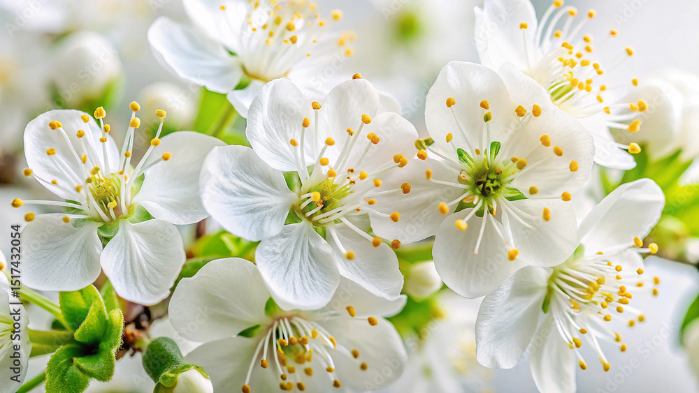 Obraz premium Blossoming Spring Delicate White Cherry Blossoms with Vibrant Golden Pollen Details