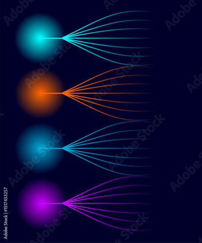 Four glowing sphere emits multiple curved line expanding outward, Multicolor lines representation of energy flow emanating on dark background, Informational Infographic data technology and copy space