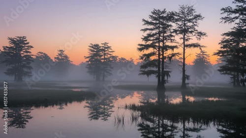 Misty Landscape at Dawn Silhouette Trees Reflected in Still Water Soft Orange Sky and Foggy Atmosphere in Natural Setting