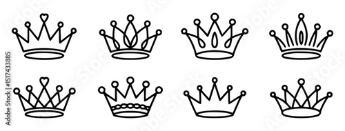 Vector illustrations of eight detailed black crown designs