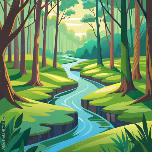 Serene Forest River Landscape. A Picturesque Summer Scene