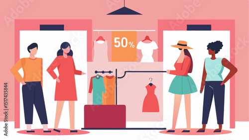 Clothing Boutique A chic clothing boutique where shoppers are trying on clothes in fitting rooms surrounded by stylish displays and a 50% Off sign prominently featured.