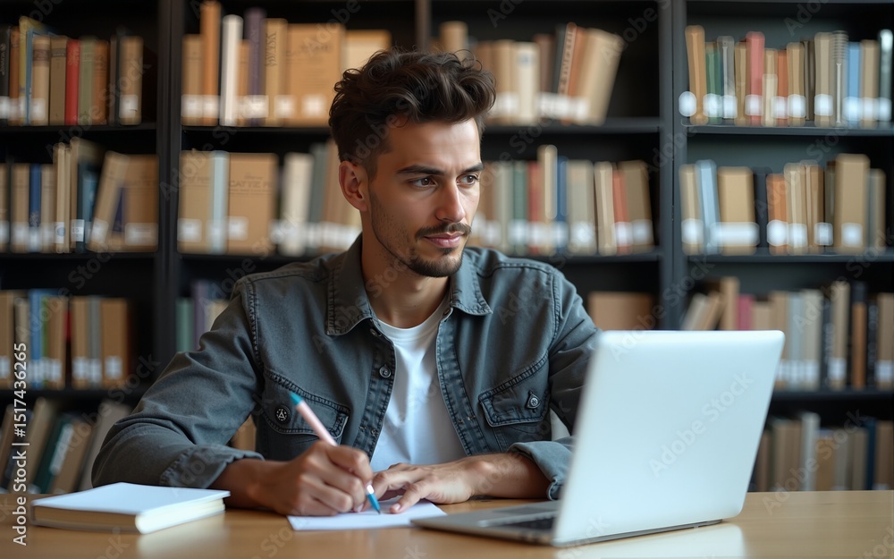 Thoughtful College Student Using Laptop Computer to Study in a Modern Library. Handsome Smart Man Learning Online, Getting Ready for Semester Exams, Drafting an Essay for Economics. High quality Thoughtful College Student Using Laptop Computer to Study in a Modern Library. Handsome Smart Man Learning Online, Getting Ready for Semester Exams, Drafting an Essay for Economics. High quality