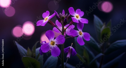 Elegant Purple Flowers with Soft Bokeh Lights in a Serene Floral Setting