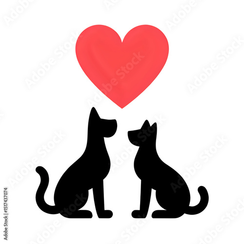 Dog and cat sitting under heart, black vector, white background.


