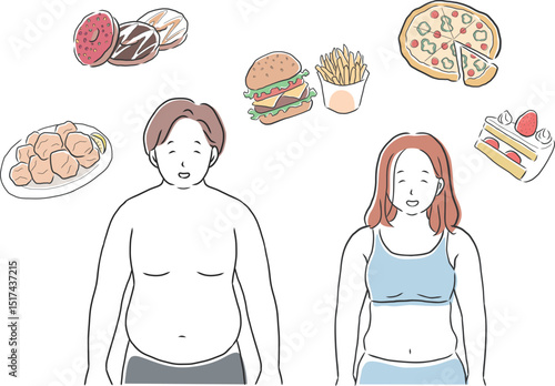 食べることが大好きなぽっちゃり体型の男女のイラスト