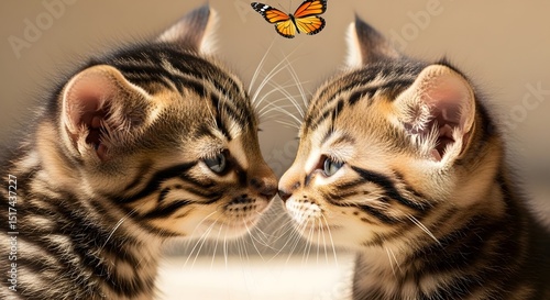 Adorable Kitten Connection: Two Tabby Kittens Gaze at Each Other with a Butterfly Overhead