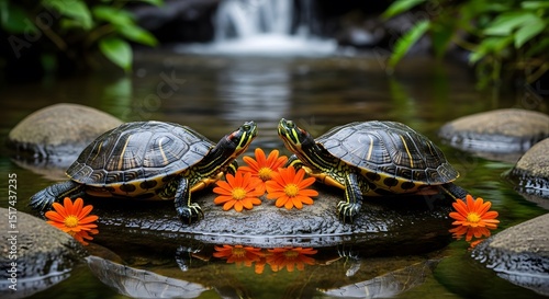 Pair of Red-Eared Slider Turtles with Orange Daisies by a Serene Waterfall