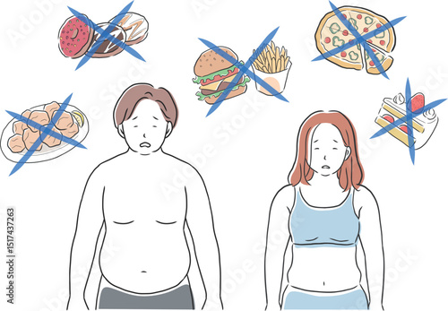 食事制限をする肥満体型の男女のイラスト素材