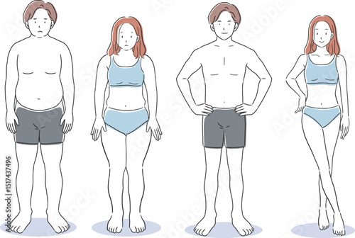 太った男女と痩せた男女の全身イラスト素材