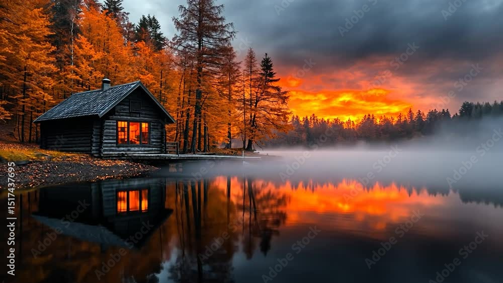 Autumnal Lakeside Cabin at Sunset Autumnal Lakeside Cabin at Sunset