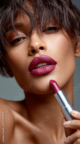 A woman holding a lipstick in her hand