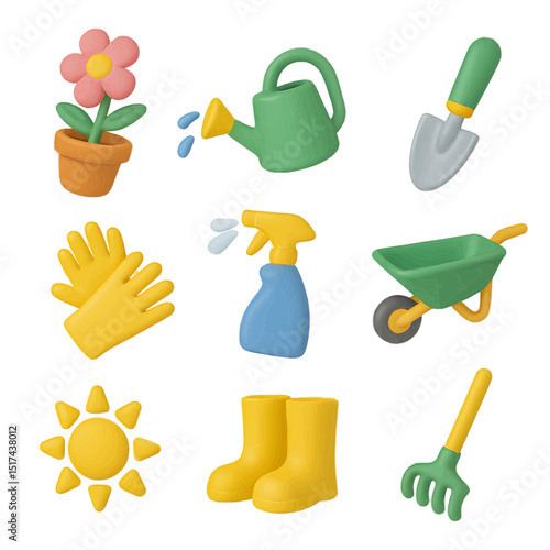 Colorful icon set of garden tools against a transparent background nature fun playful creative design