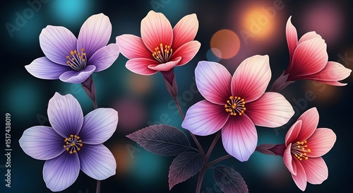 Elegant Floral Display: Pink and Purple Blossoms with Soft Bokeh Background