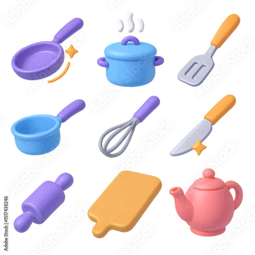 Colorful icon set of kitchen objects on transparent background playful cooking environment modern viewpoint