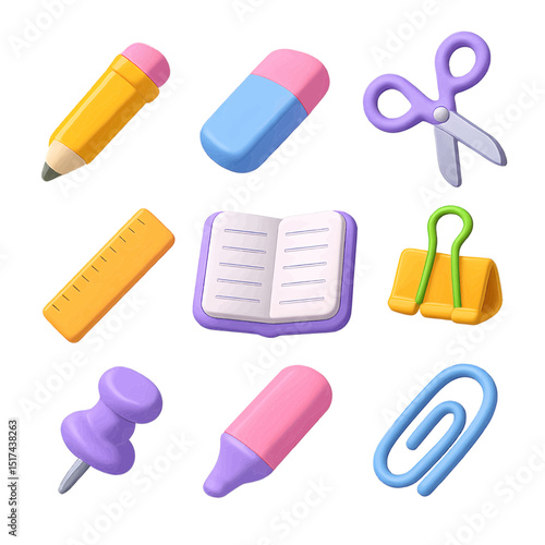 Pastel icon set of stationery transparent background creative environment educational tools for design