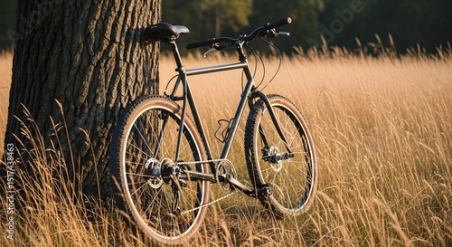 Vintage Bicycle Leaning Against Tree in Golden Field at Sunset