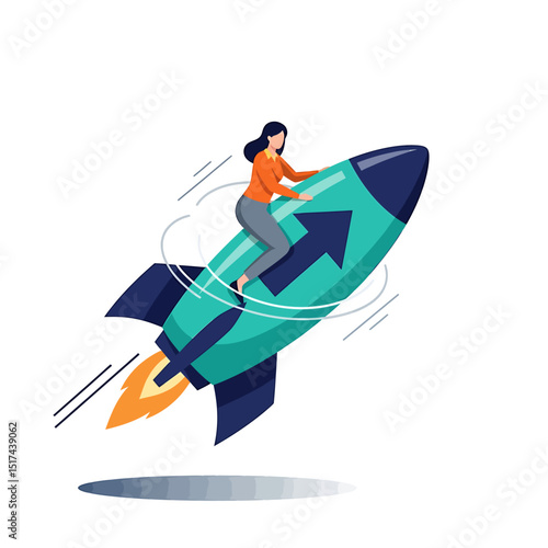 Woman Riding Teal Rocket Towards Upward Arrow