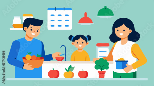 Cooking Together A cheerful kitchen scene where family members are preparing a meal together with colorful vegetables and fruits around while the calendar acts as decor on the