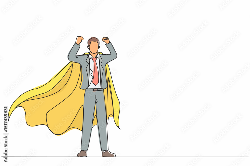 Fototapeta premium Single one line drawing businessman superhero character, office worker man superhero. Businessman in cloak or cape, standing in superhero pose. Continuous line draw design graphic vector illustration