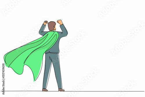 Single continuous line drawing back view super businessman. Man in strong base and suit. Success and victory in business. Superhero in cloak. Dynamic one line draw graphic design vector illustration