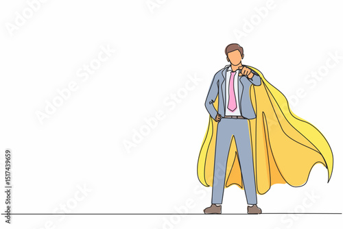 Single continuous line drawing leadership businessman in superhero cloak. Leader or boss pointing direction goals and aims defining strategy development. One line graphic design vector illustration