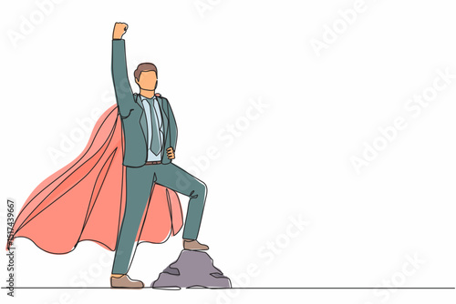 Continuous one line drawing superhero businessman in office suit flying upward with cloak. Joyful man raising his fist in up rejoicing at his success. Single line design vector graphic illustration