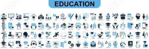 Set of school education icon vector for learning, teaching, and academic content. Ideal for education app, school dashboard, and classroom.