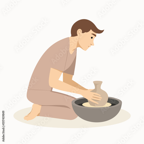 Man Kneeling and Making Clay Pot — Flat Minimalist Design