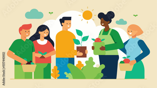 Community Garden A community garden scene where people are sharing and trading plants and homemade goods highlighting the value of local sustainable practices with the phrase