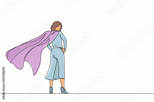 Single continuous line drawing superhero in cloak flutters in wind. Stands with her back. Successful businesswoman hero. Business success, leadership and victory. One line draw graphic design vector
