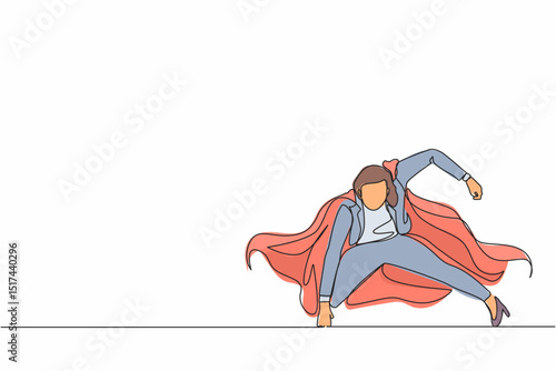Continuous one line drawing businesswoman with superhero mantle in landing powerful action. Office worker ready to fight for career achievement. Single line draw design vector graphic illustration