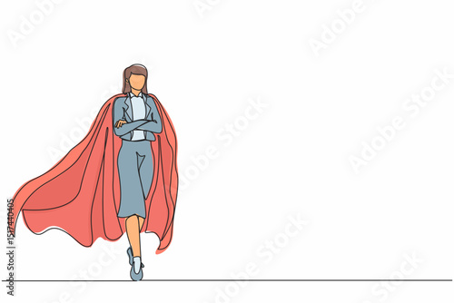 Continuous one line drawing determined young businesswoman or office worker super hero in cloak. The concept of leadership and strength in business. Single line draw design vector graphic illustration