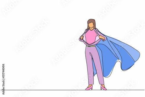 Single continuous line drawing businesswoman revealing her true identity of powerful superhero. Superhero tearing shirt and wearing costume. Dynamic one line draw graphic design vector illustration