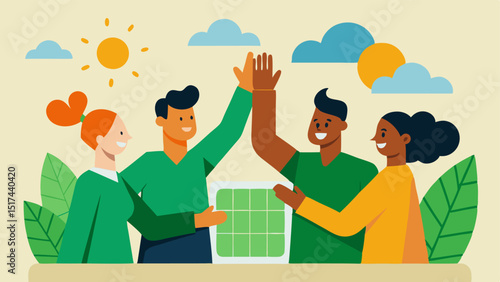 Celebrating Green Choices Shoppers celebrating their ecofriendly purchases with highfives and smiles with solar panels and greenery in the background symbolizing sustainability.