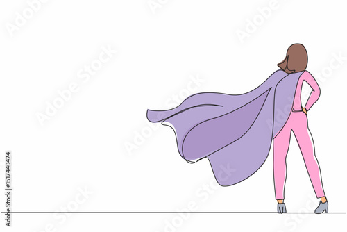 Single continuous line drawing back view confident businesswoman standing in suit and cape. Successful super hero entrepreneur. Leadership, achievement, and career. One line draw graphic design vector