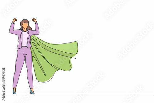 Single one line drawing businesswoman superhero character, office worker female superhero. Businesswoman in cloak or cape, standing in superhero pose. Modern continuous line draw design graphic vector