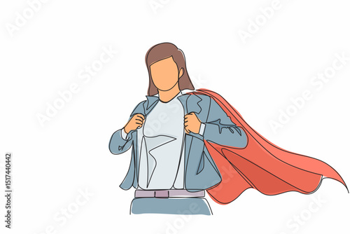 Single continuous line drawing beautiful young female in business blazer wearing shirt. Successful businesswoman. Hero, ripping off her shirt. Dynamic one line draw graphic design vector illustration